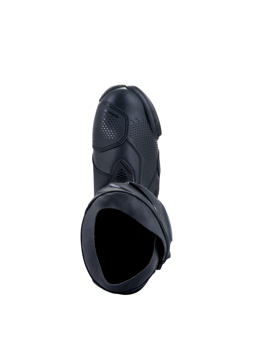 Alpinestars Supertech R Stiefel, Motorrad-Rennstiefel, Schwarz, Ansicht von oben zeigt die innere Öffnung, Schaltverstärkung und texturiertes synthetisches Obermaterial, professionelles Rennsport-Schuhdesign