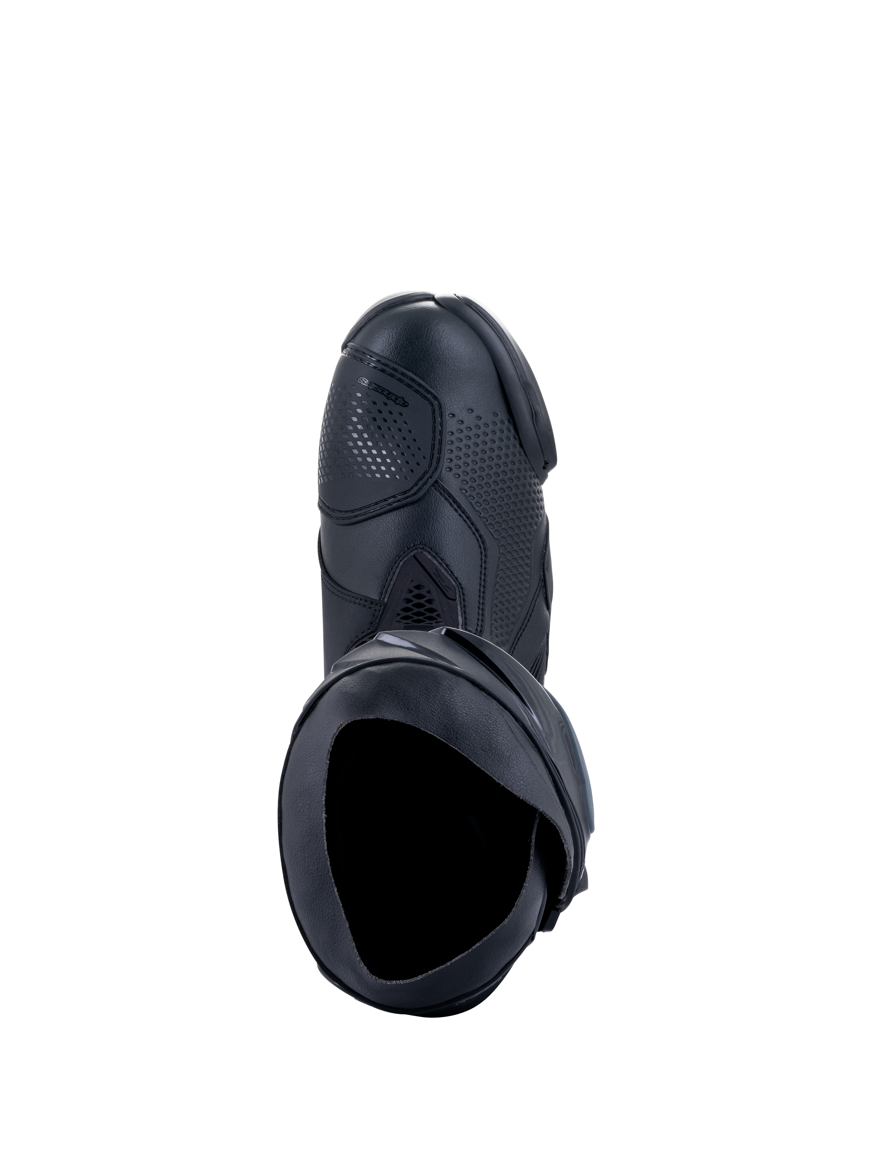 Alpinestars Supertech R Stiefel, Motorrad-Rennstiefel, Schwarz, Ansicht von oben zeigt die innere Öffnung, Schaltverstärkung und texturiertes synthetisches Obermaterial, professionelles Rennsport-Schuhdesign