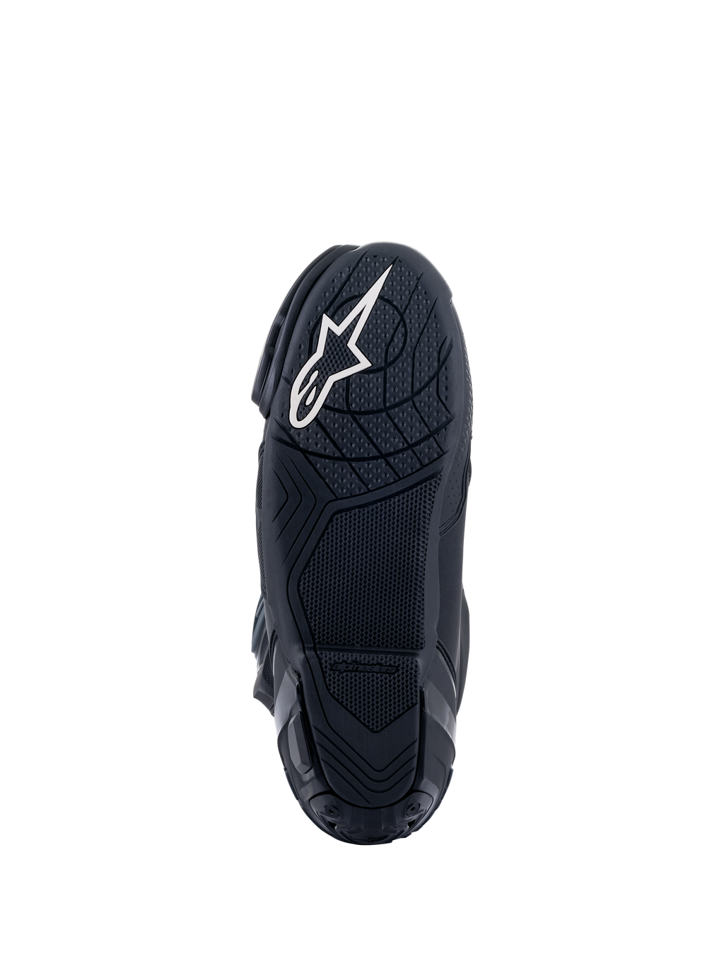 Alpinestars Supertech R Stiefel, Rennsport-Motorradstiefel, Schwarz, Ansicht der Sohle aus Gummimischung von unten mit strukturierten Gripmustern, mit weißem Alpinestars Stern-Logo an der Ferse