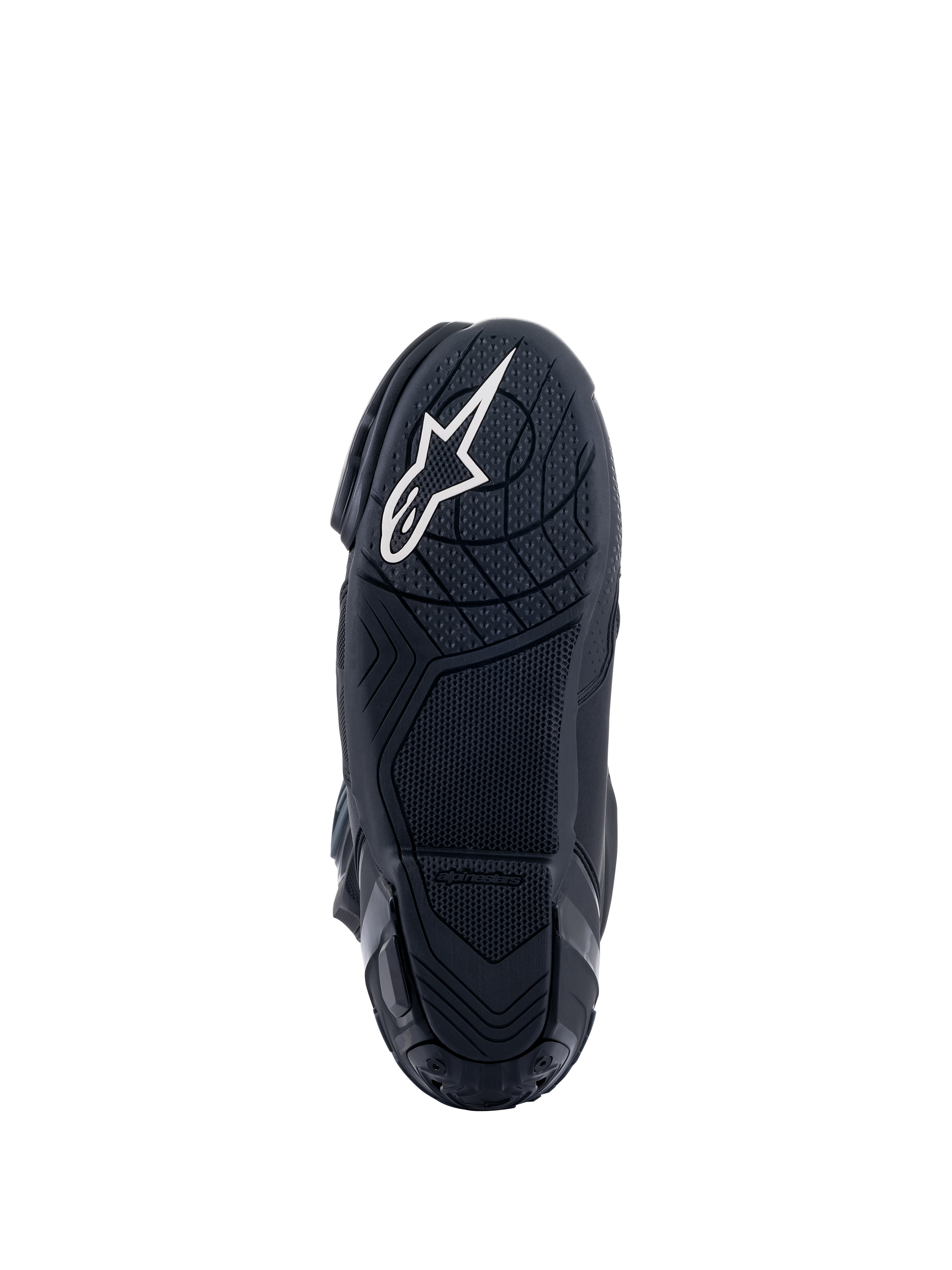 Alpinestars Supertech R Stiefel, Rennsport-Motorradstiefel, Schwarz, Ansicht der Sohle aus Gummimischung von unten mit strukturierten Gripmustern, mit weißem Alpinestars Stern-Logo an der Ferse