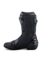 Alpinestars Supertech R Boots, high-performance motorcycle racing boots, sleek all-black design with red logo detail, side profile featuring reinforced heel and TPU protection panels