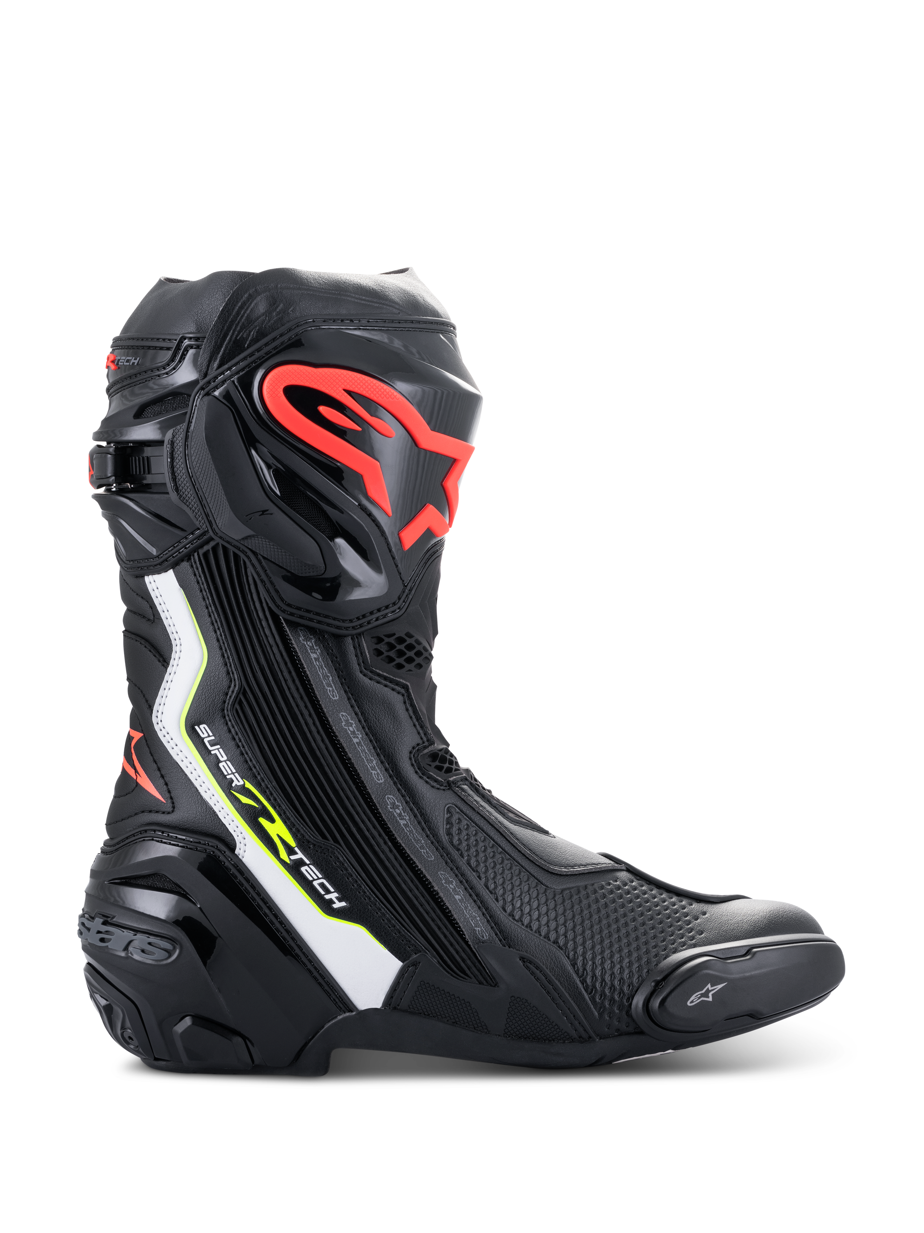 Alpinestars Supertech R Stiefel, Hochleistungs-Motorradrennstiefel in Schwarz mit weißen, fluo-roten und fluo-gelben Akzenten, mit einer schützenden TPU-Schienbeinplatte mit rotem Logo, austauschbarem Zehenschleifer und schlankem aerodynamischem Profil.