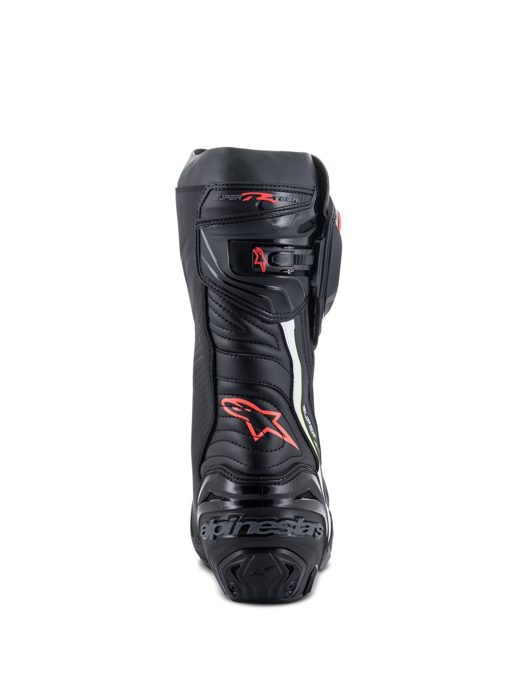 Alpinestars Supertech R Boots, high-performance racing motorcycle boots, rear view in black with red and yellow fluo accents, featuring TPU heel protection, a micro-adjustable ratchet closure, and signature branding.