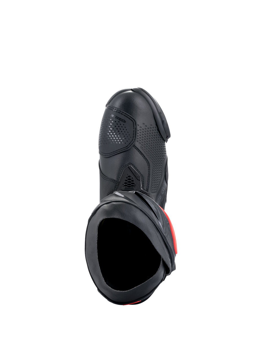 Alpinestars Supertech R Boots, Performance Motorcycle Racing Boots, Black with red accents, top-down view showcasing the microfiber upper, perforated texture, TPU shifter zone, and secure entry opening.