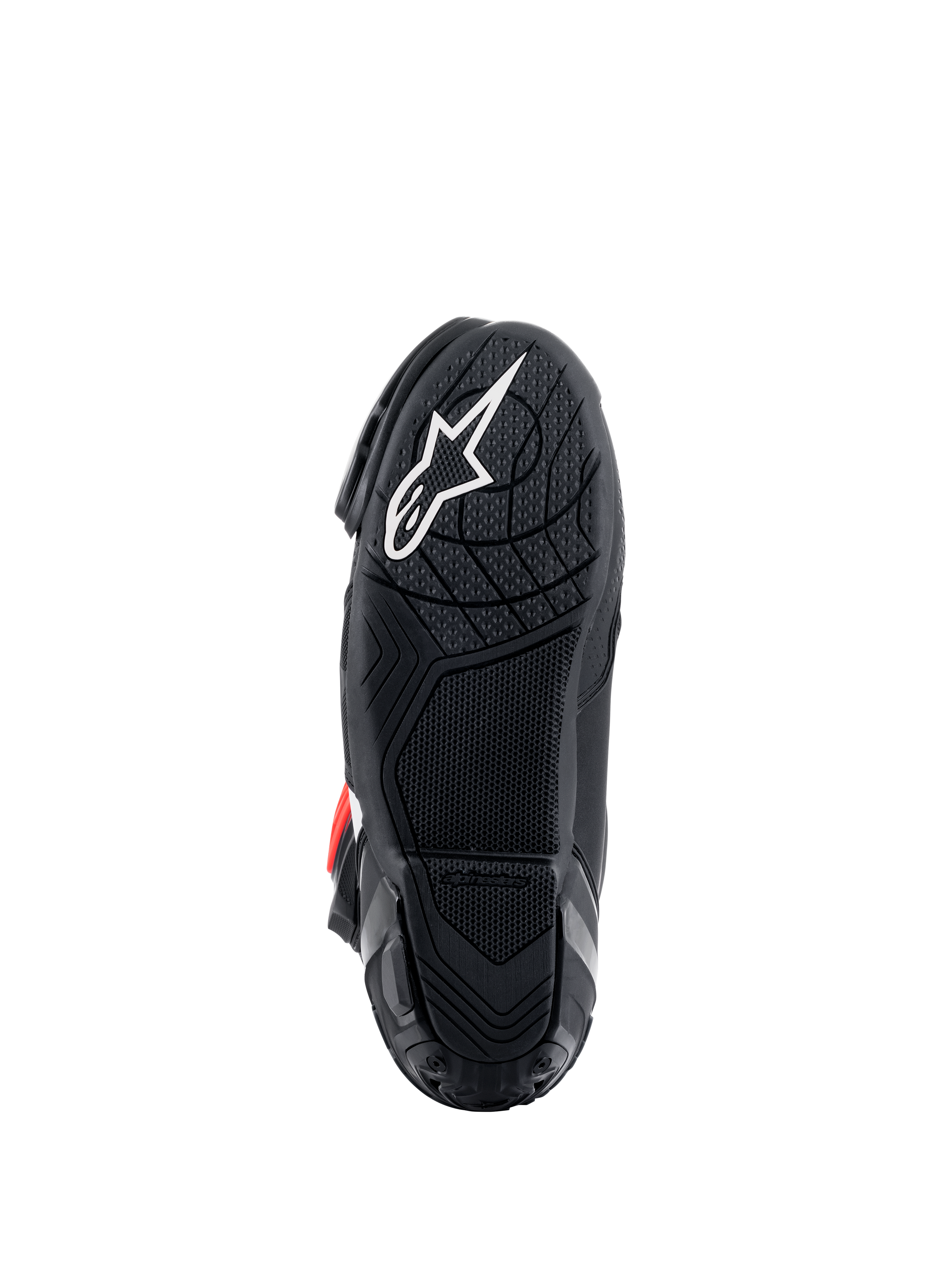Alpinestars Supertech R Boots, bottom sole view, black lightweight rubber compound with textured grip pattern, white Alpinestars star logo, performance motorcycle racing footwear