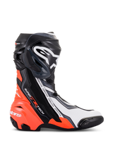Alpinestars Supertech R Boots, high-performance racing motorcycle footwear, Black Red Fluo White and Gray, profile view showing TPU shin plate and toe slider, aerodynamic design with bold branding for track and road use.
