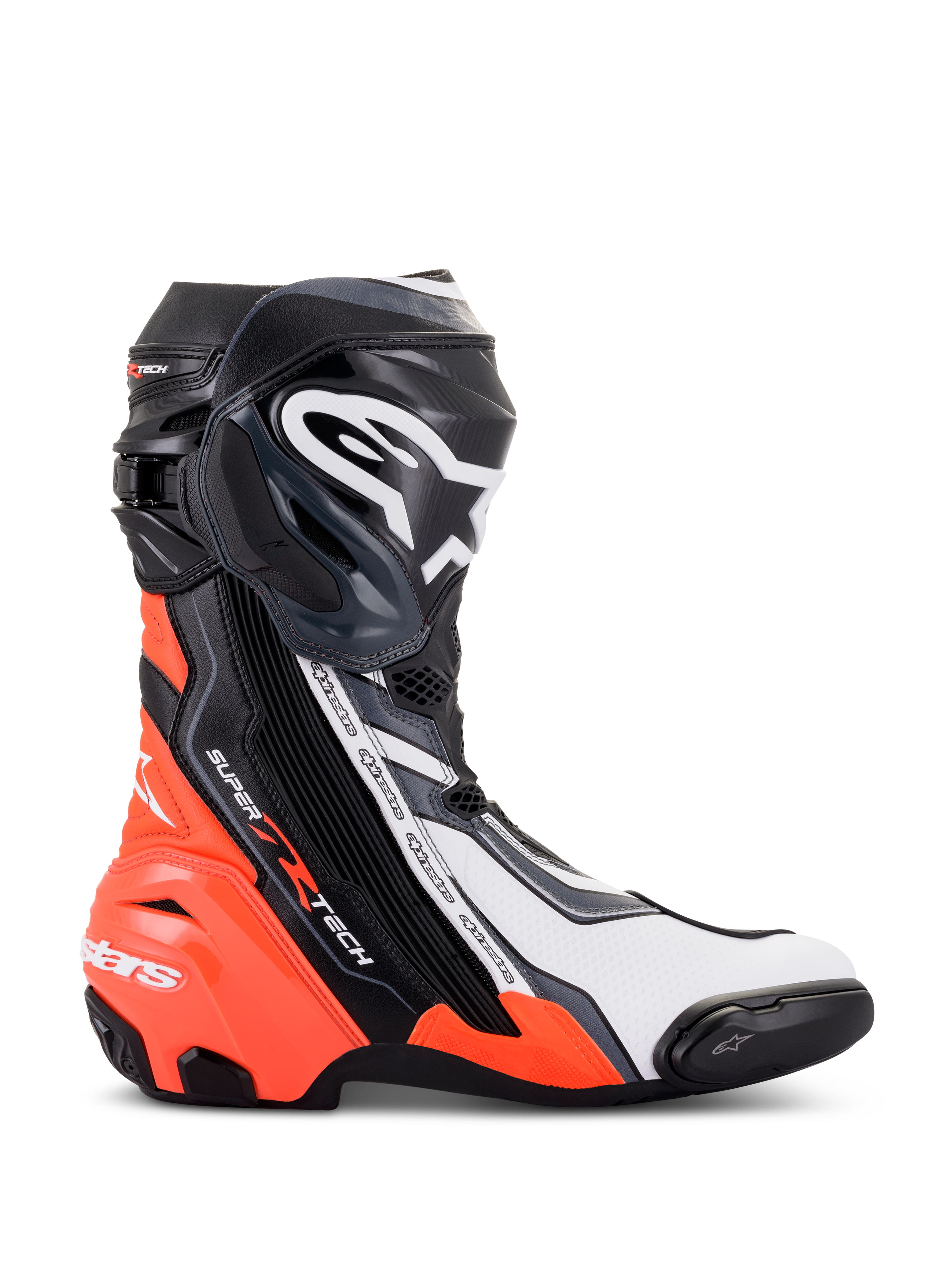 Alpinestars Supertech R Stiefel, Hochleistungs-Rennmotorradstiefel, Schwarz, Rot Fluo, Weiß und Grau, Profilansicht mit TPU-Schienbeinplatte und Zehenschleifer, aerodynamisches Design mit markantem Branding für Rennstrecke und Straße.