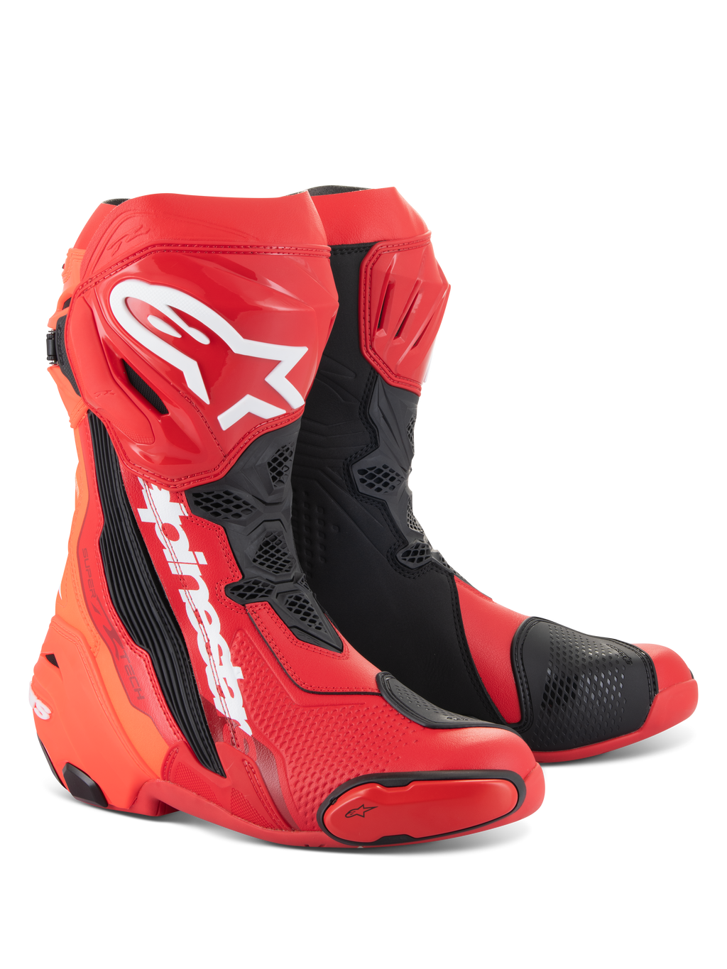 Alpinestars Supertech R Stiefel, Motorrad-Rennstiefel, Hellrot und Leuchtrot mit schwarzen und weißen Akzenten, weiße Alpinestars-Logos am Schienbein, verstärkte Schutzplatten und austauschbare Zehenschleifer, Hochleistungsschuhwerk für Sport und Rennsport