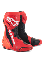 Alpinestars Supertech R Stiefel, Motorrad-Rennstiefel, Hellrot und Leuchtrot mit schwarzen und weißen Akzenten, weiße Alpinestars-Logos am Schienbein, verstärkte Schutzplatten und austauschbare Zehenschleifer, Hochleistungsschuhwerk für Sport und Rennsport
