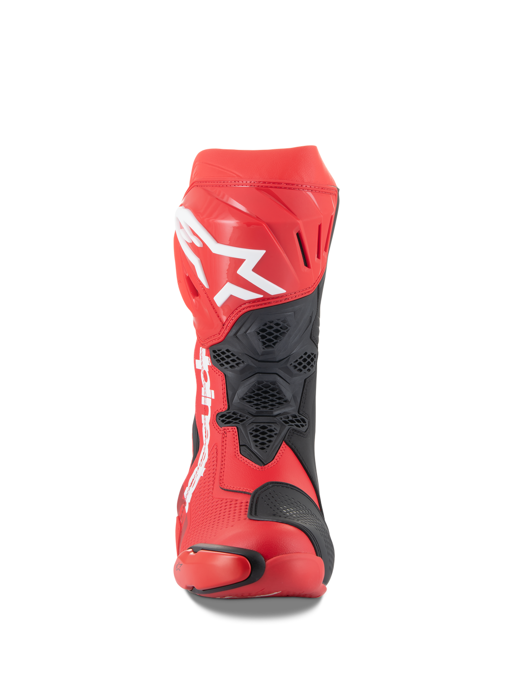 Alpinestars Supertech R Stiefel, Hellrot und Red Fluo, Vorderansicht mit großem weißem Astars-Logo auf der Schienbeinplatte, schwarzen Mesh-Belüftungseinsätzen und technischem Racing-Design für Motorrad-Performance auf der Rennstrecke