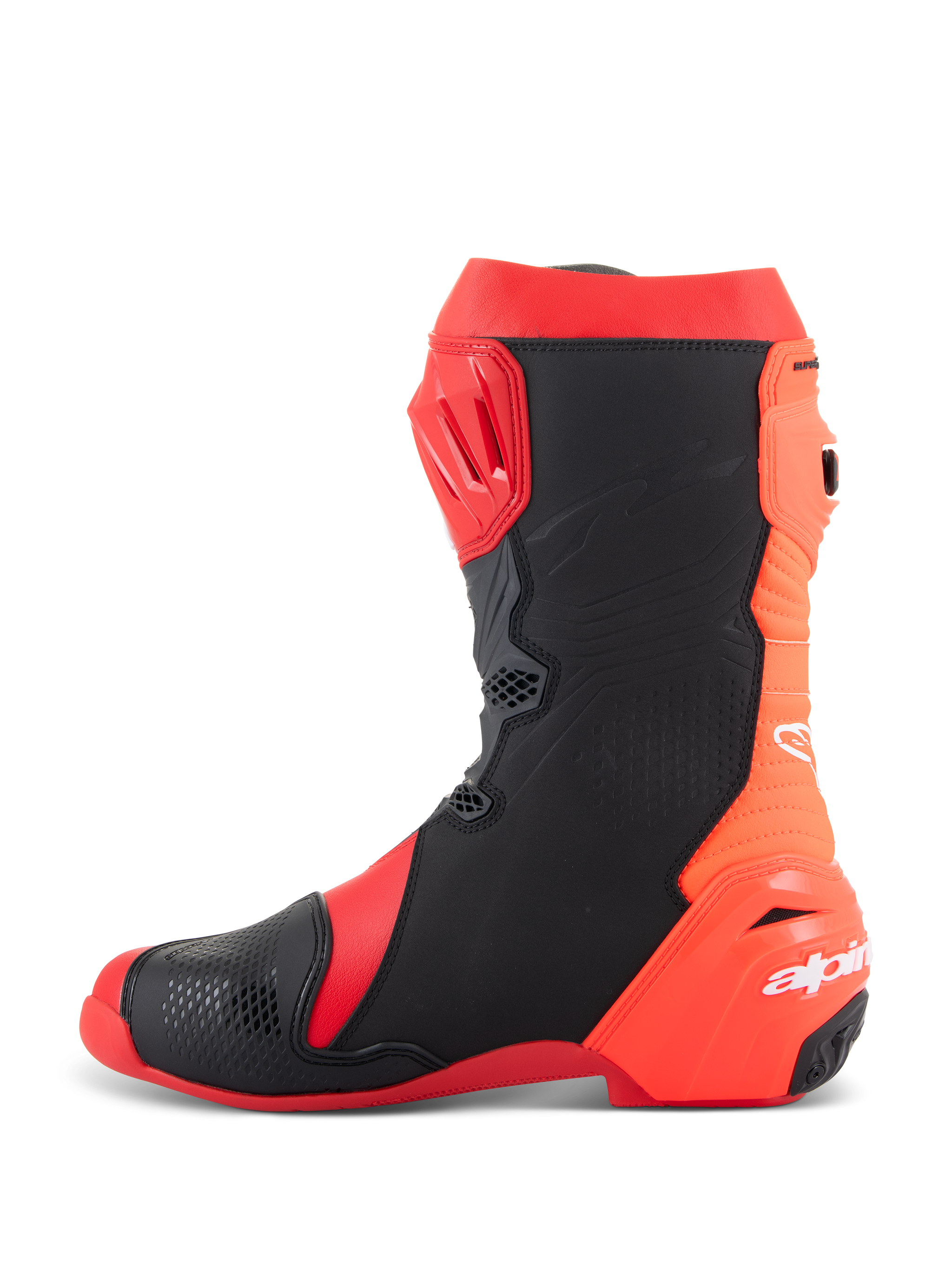 Alpinestars Supertech R Stiefel, professionelle Motorrad-Rennstiefel, Hellrot und Rot Fluo mit schwarzen Einsätzen, Seitenprofil mit TPU-Schienbeinplatte, flexiblem hinterem Akkordeon-Design und weißem Alpinestars-Logo an der Ferse