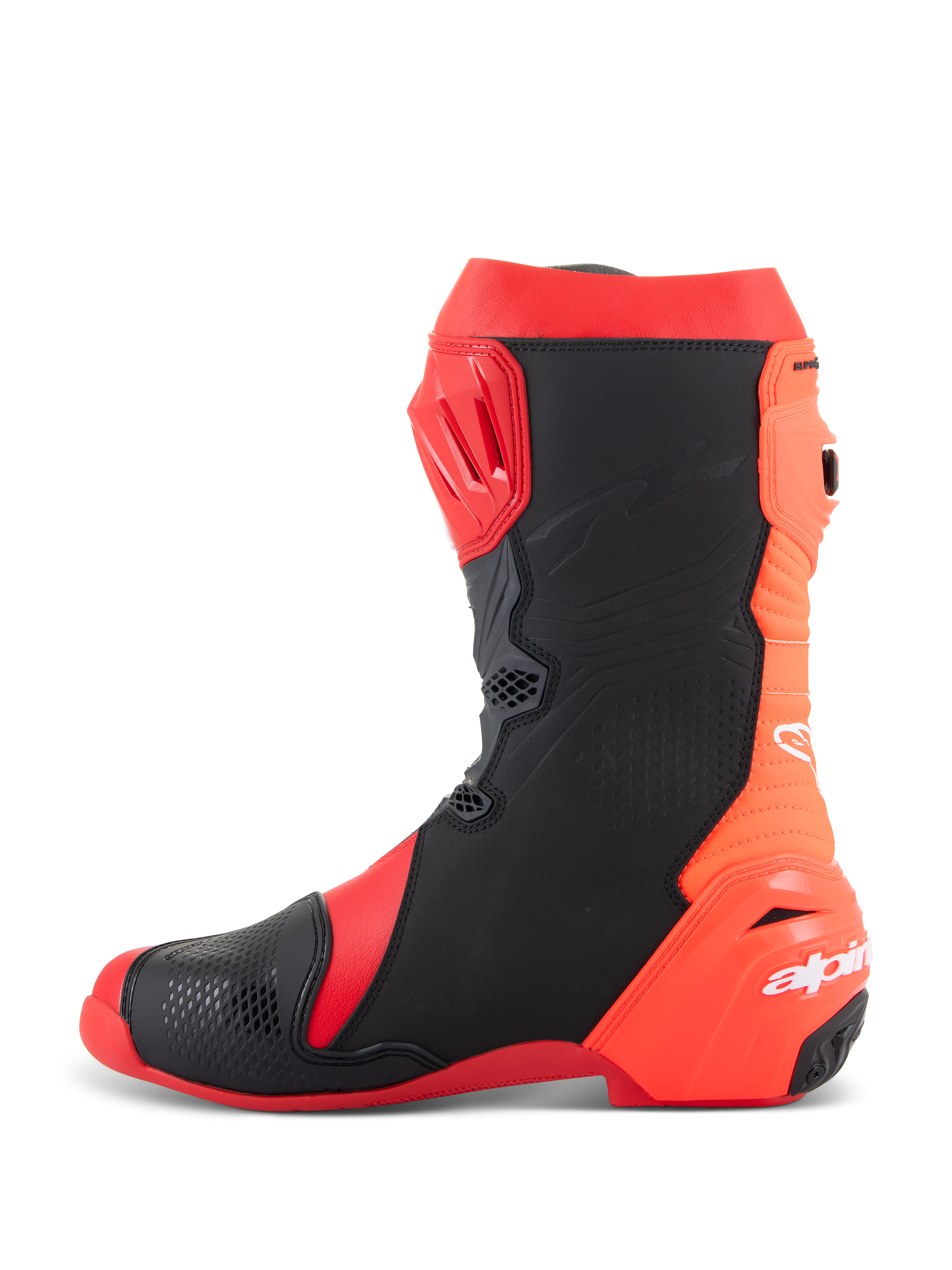 Alpinestars Supertech R Stiefel, professionelle Motorrad-Rennstiefel, Hellrot und Rot Fluo mit schwarzen Einsätzen, Seitenprofil mit TPU-Schienbeinplatte, flexiblem hinterem Akkordeon-Design und weißem Alpinestars-Logo an der Ferse