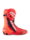 Alpinestars Supertech R Stiefel, Motorrad-Rennstiefel, Hellrot und Rot Fluo, High-Performance-Design für die Rennstrecke mit TPU-Schienbeinplatte, austauschbarem Zehenschleifer und weißem Alpinestars-Logo, Seitenansicht