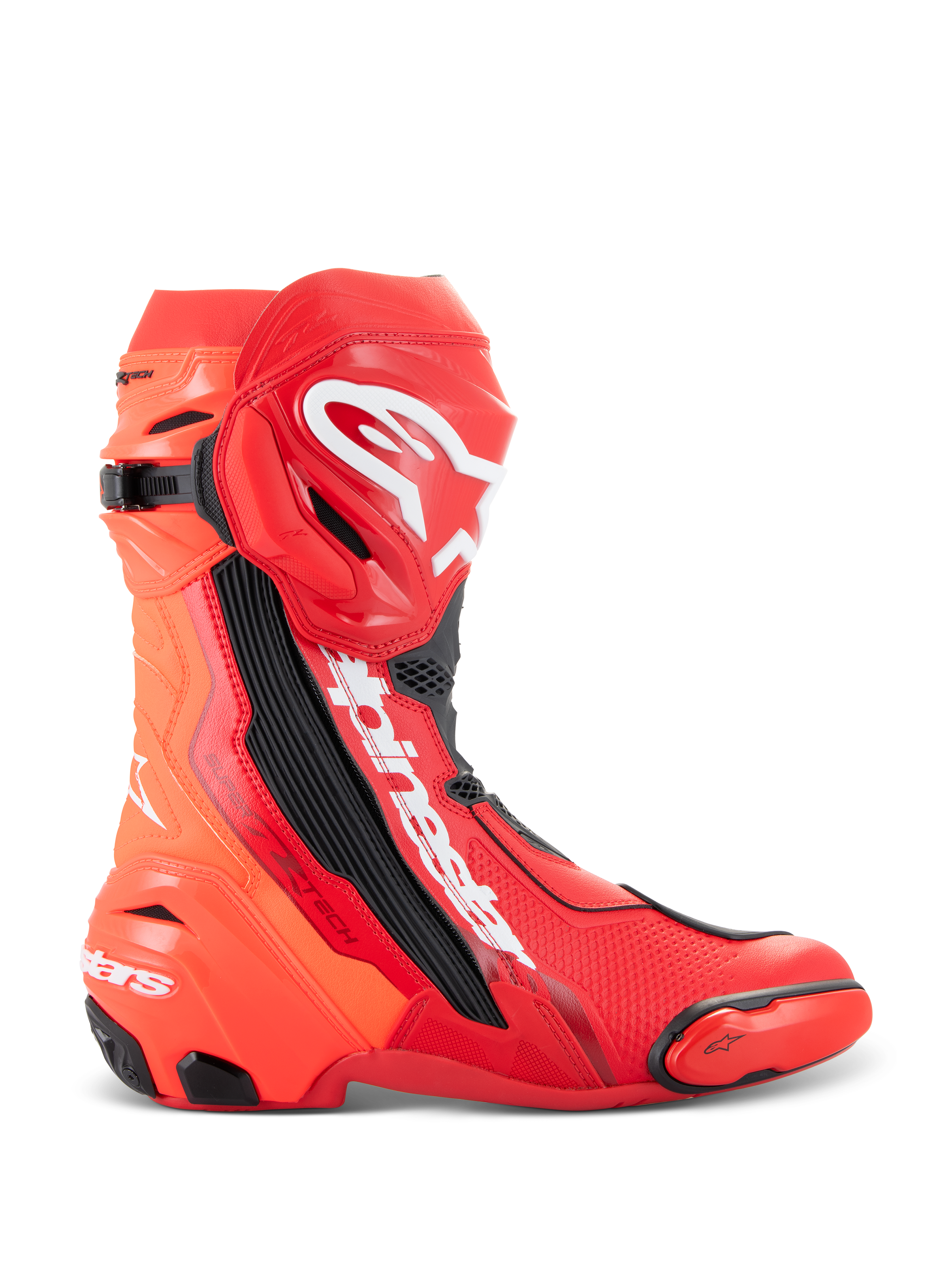 Alpinestars Supertech R Stiefel, Motorrad-Rennstiefel, Hellrot und Rot Fluo, High-Performance-Design für die Rennstrecke mit TPU-Schienbeinplatte, austauschbarem Zehenschleifer und weißem Alpinestars-Logo, Seitenansicht