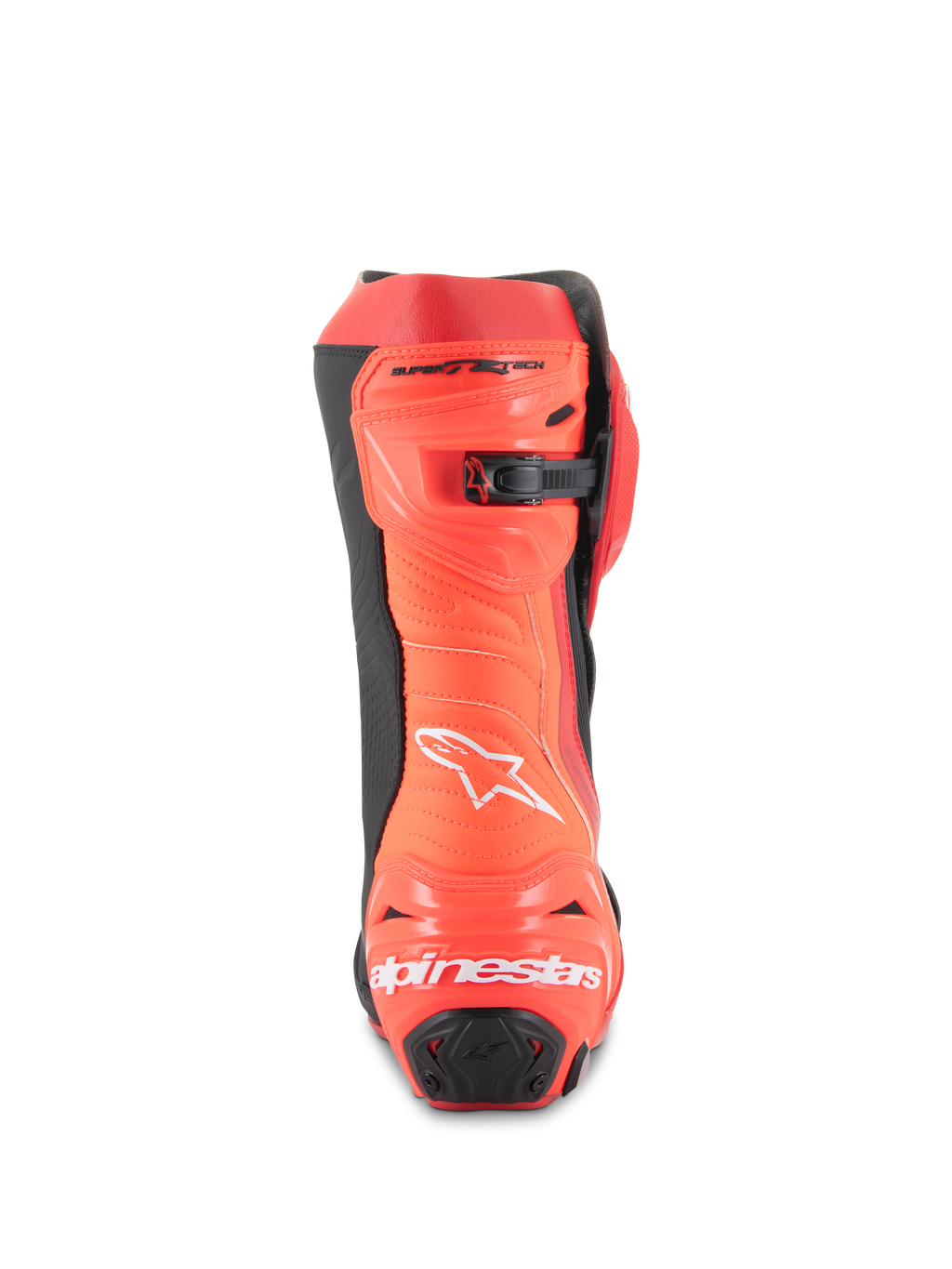 Alpinestars Supertech R Stiefel, Motorrad-Rennstiefel, Hellrot und Rot Fluo, Rückansicht mit Fersenschutz, weißem Branding, schwarzen Akzenten und mikroverstellbarem Ratschenverschluss an der Wade.
