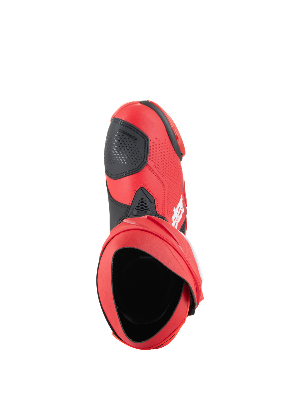 Alpinestars Supertech R Stiefel, Motorrad-Rennstiefel, Hellrot und Red Fluo, Draufsicht mit Darstellung der Innenöffnung und des schwarzen Schaltpads, schlankes Performance-Design für Rennstrecke und Straße