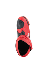 Alpinestars Supertech R Stiefel, Motorrad-Rennstiefel, Hellrot und Red Fluo, Draufsicht mit Darstellung der Innenöffnung und des schwarzen Schaltpads, schlankes Performance-Design für Rennstrecke und Straße