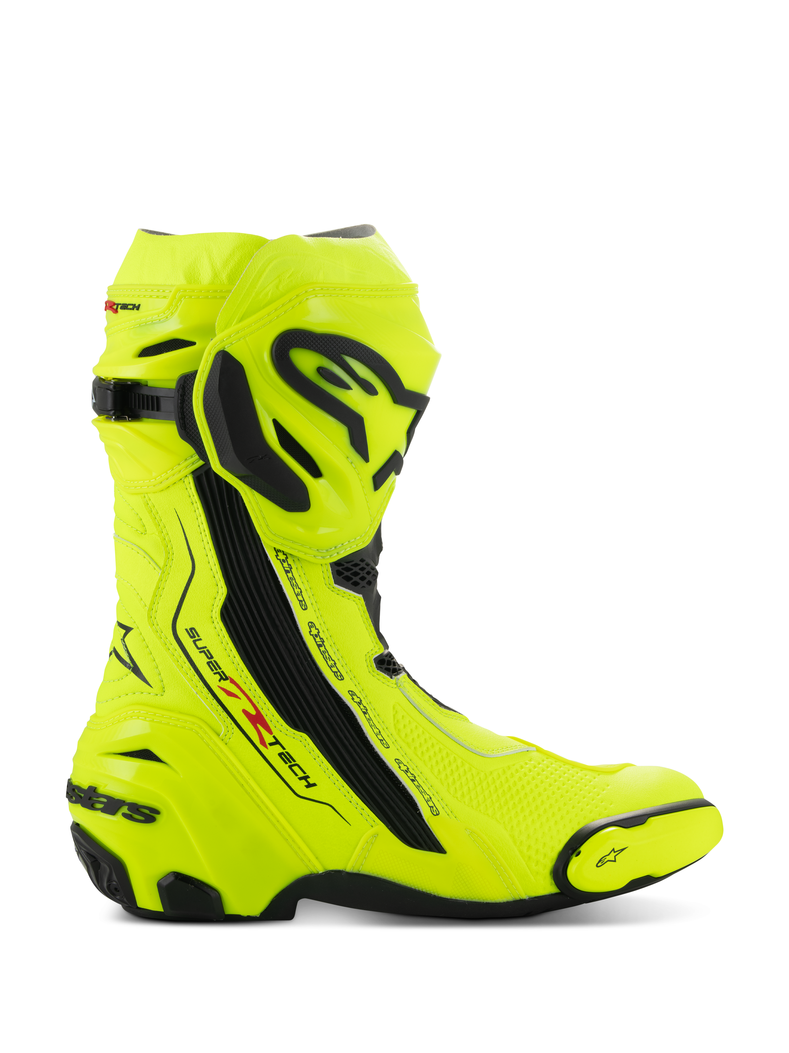 Alpinestars Supertech R Stiefel, Motorrad-Rennstiefel, Gelb Fluo Schwarz, Seitenansicht mit auffälligem fluoreszierendem Gelb und schwarzen Schutzplatten, Alpinestars-Logo auf Schienbein und Ferse, schlankes aerodynamisches Profil für den Rennsport
