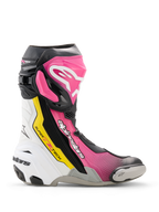 Alpinestars Supertech R Stiefel, Hochleistungs-Rennmotorradstiefel in Schwarz, Magenta, Weiß und Gelb Fluo, Seitenprofil mit TPU-Schutz, austauschbarem Zehenschleifer und ergonomischem Rennsport-Design.