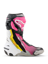 Alpinestars Supertech R Stiefel, Hochleistungs-Rennmotorradstiefel in Schwarz, Magenta, Weiß und Gelb Fluo, Seitenprofil mit TPU-Schutz, austauschbarem Zehenschleifer und ergonomischem Rennsport-Design.