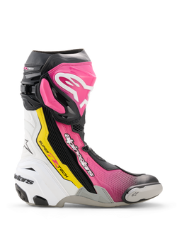 Alpinestars Supertech R Boots, high-performance racing motorcycle boot in Black, Magenta, White, and Yellow Fluo, side profile featuring TPU protection, replaceable toe slider, and ergonomic racing design.