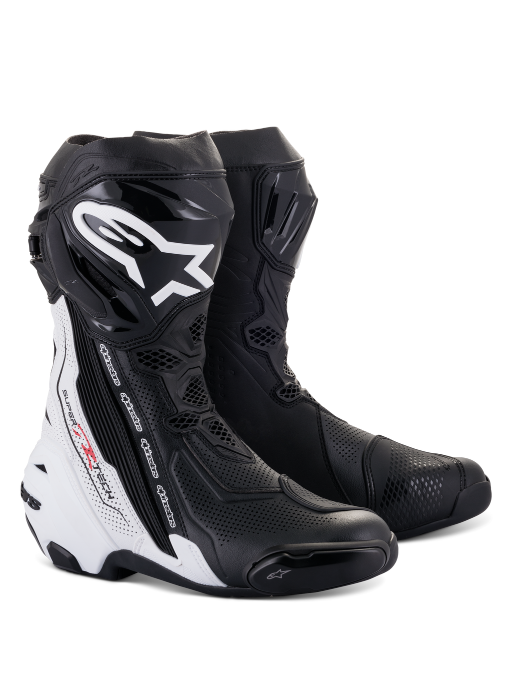 Alpinestars Supertech R Vented Stiefel, Motorrad-Rennstiefel, Schwarz und Weiß, mit umfassenden Perforationen zur Belüftung, markantem weißem Branding am Schienbein, TPU-Protektoren und schlankem aerodynamischem Design für die Rennstrecke.