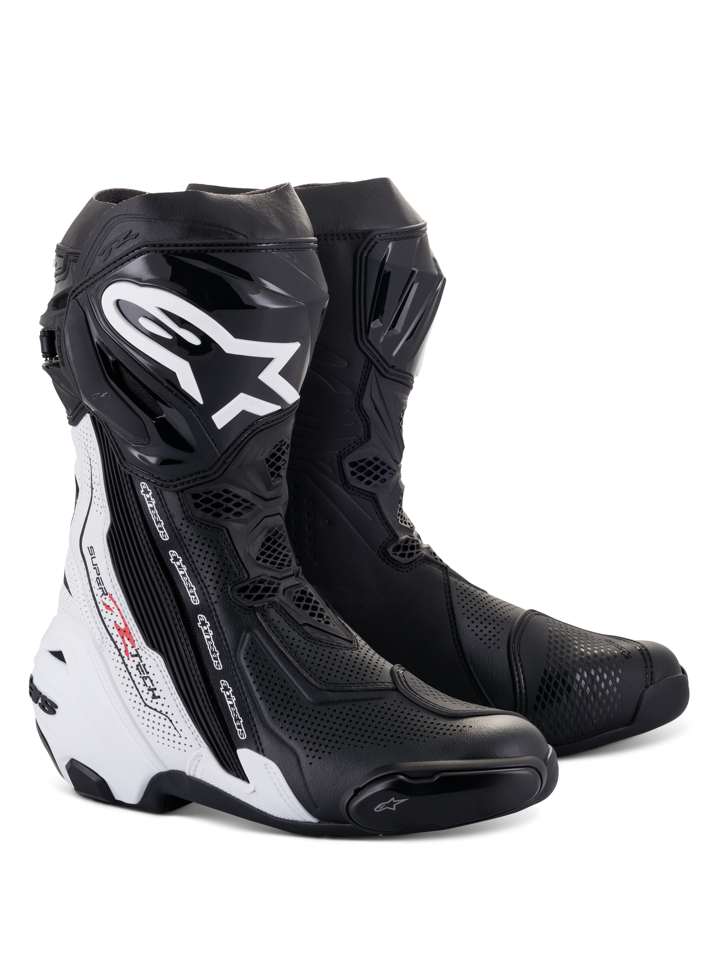 Alpinestars Supertech R Vented Stiefel, Motorrad-Rennstiefel, Schwarz und Weiß, mit umfassenden Perforationen zur Belüftung, markantem weißem Branding am Schienbein, TPU-Protektoren und schlankem aerodynamischem Design für die Rennstrecke.