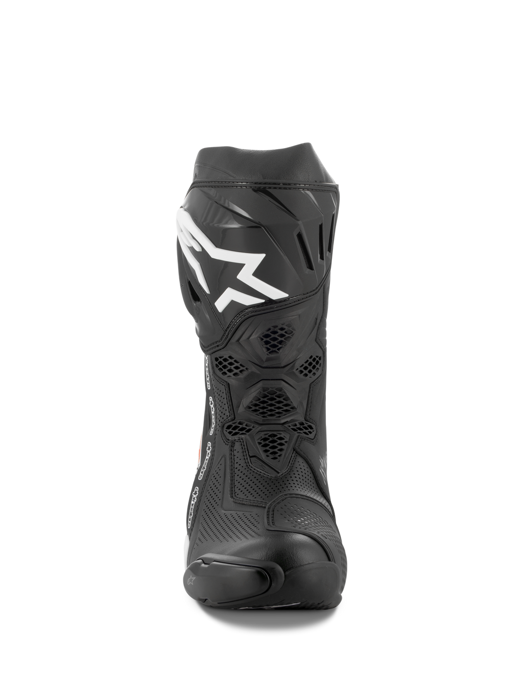 Alpinestars Supertech R Vented Stiefel, Motorrad-Rennstiefel, Schwarz und Weiß, Vorderansicht mit perforierter Mikrofaser-Konstruktion, weißes Alpinestars-Logo auf der Schienbeinplatte und robuster TPU-Schutz
