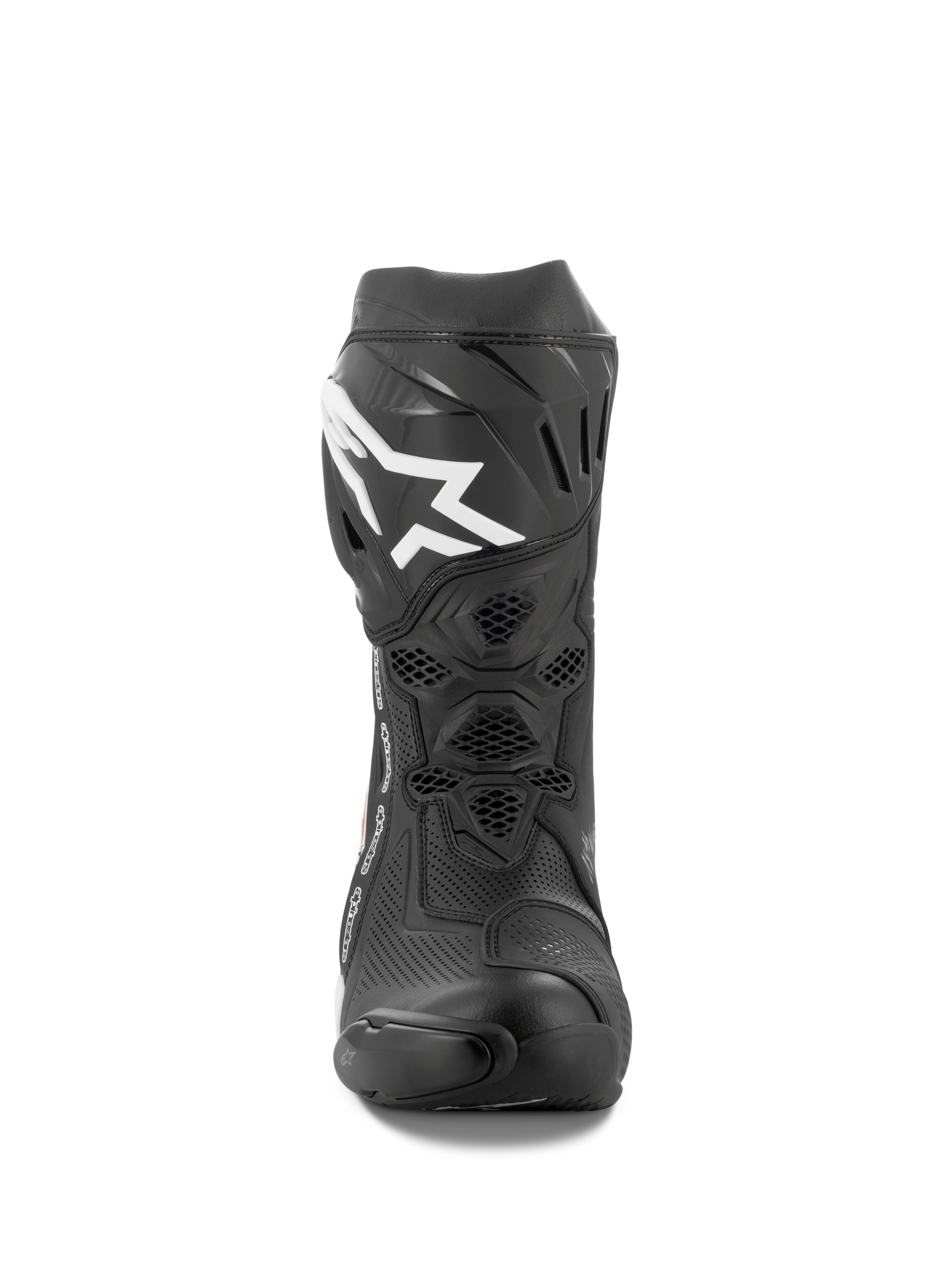 Alpinestars Supertech R Vented Stiefel, Motorrad-Rennstiefel, Schwarz und Weiß, Vorderansicht mit perforierter Mikrofaser-Konstruktion, weißes Alpinestars-Logo auf der Schienbeinplatte und robuster TPU-Schutz
