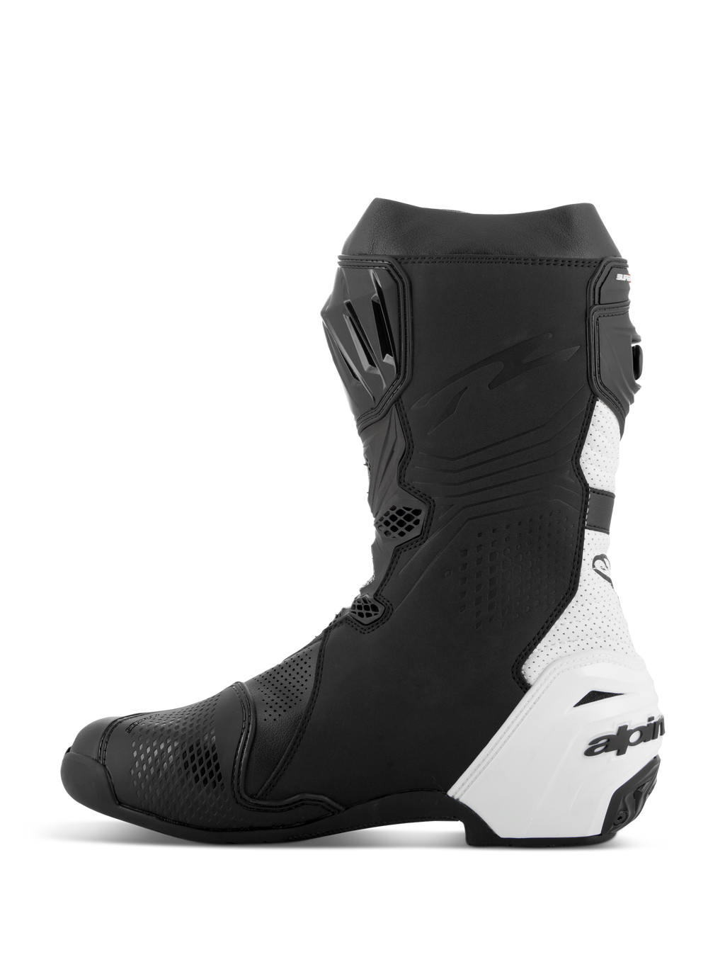 Alpinestars Supertech R Vented Stiefel, Rennsport-Motorradstiefel, Schwarz und Weiß, mediale Seitenansicht, umfassende Perforationen für Luftzirkulation, weiße synthetische Mikrofaser-Einsätze, TPU-Verstärkungen und ein schlankes aerodynamisches Profil für den Rennsport.