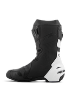 Alpinestars Supertech R Vented Stiefel, Rennsport-Motorradstiefel, Schwarz und Weiß, mediale Seitenansicht, umfassende Perforationen für Luftzirkulation, weiße synthetische Mikrofaser-Einsätze, TPU-Verstärkungen und ein schlankes aerodynamisches Profil für den Rennsport.