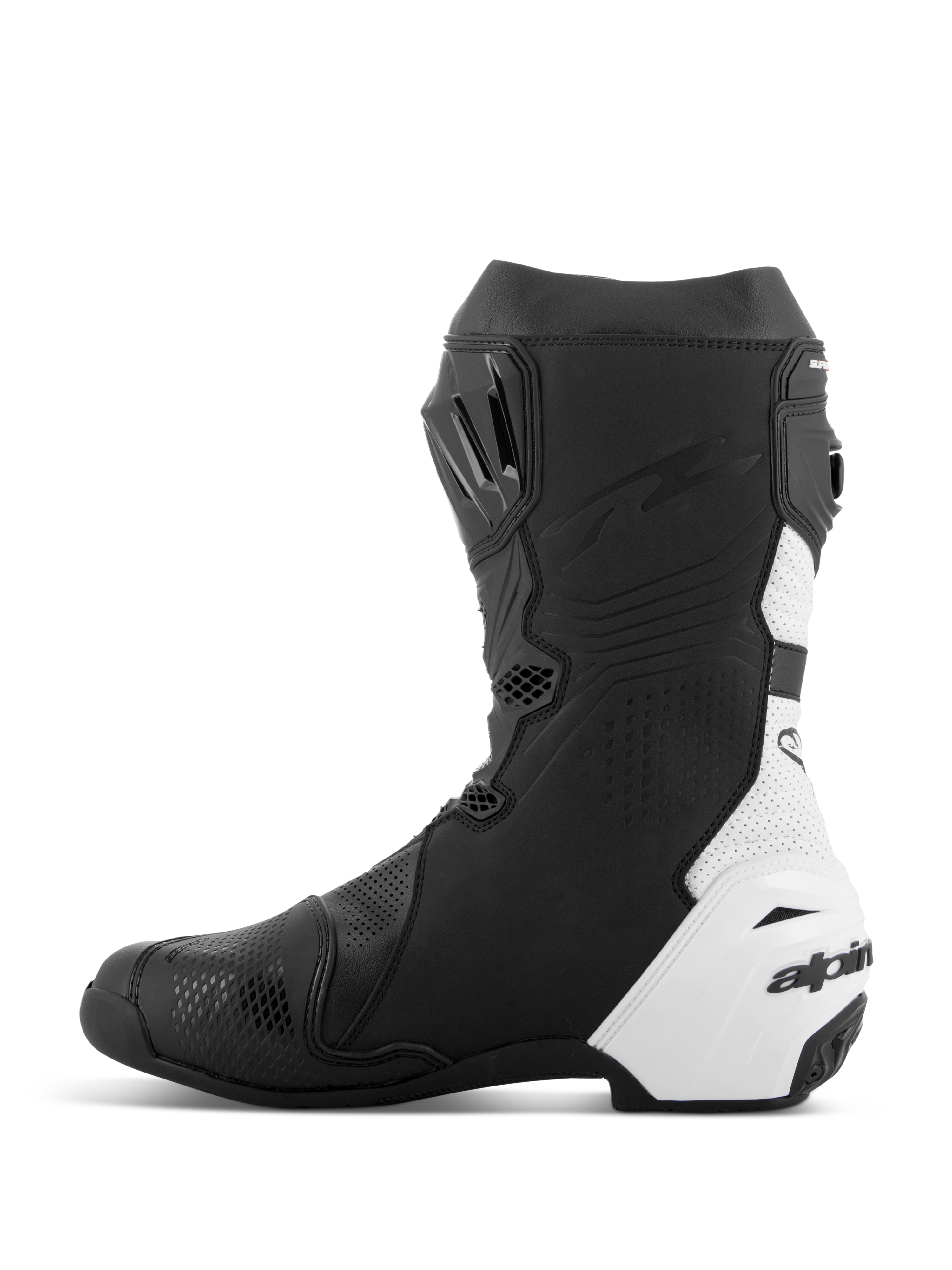 Alpinestars Supertech R Vented Stiefel, Rennsport-Motorradstiefel, Schwarz und Weiß, mediale Seitenansicht, umfassende Perforationen für Luftzirkulation, weiße synthetische Mikrofaser-Einsätze, TPU-Verstärkungen und ein schlankes aerodynamisches Profil für den Rennsport.