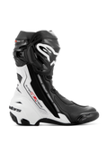Alpinestars Supertech R Vented Stiefel, Motorradrennstiefel, Schwarz und Weiß mit roten Akzenten, Seitenprofil mit umfassenden Perforationen für Atmungsaktivität, großes weißes Logo auf dem Schienbein und schützende TPU-Slider.