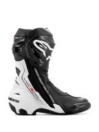 Alpinestars Supertech R Vented Stiefel, Motorradrennstiefel, Schwarz und Weiß mit roten Akzenten, Seitenprofil mit umfassenden Perforationen für Atmungsaktivität, großes weißes Logo auf dem Schienbein und schützende TPU-Slider.