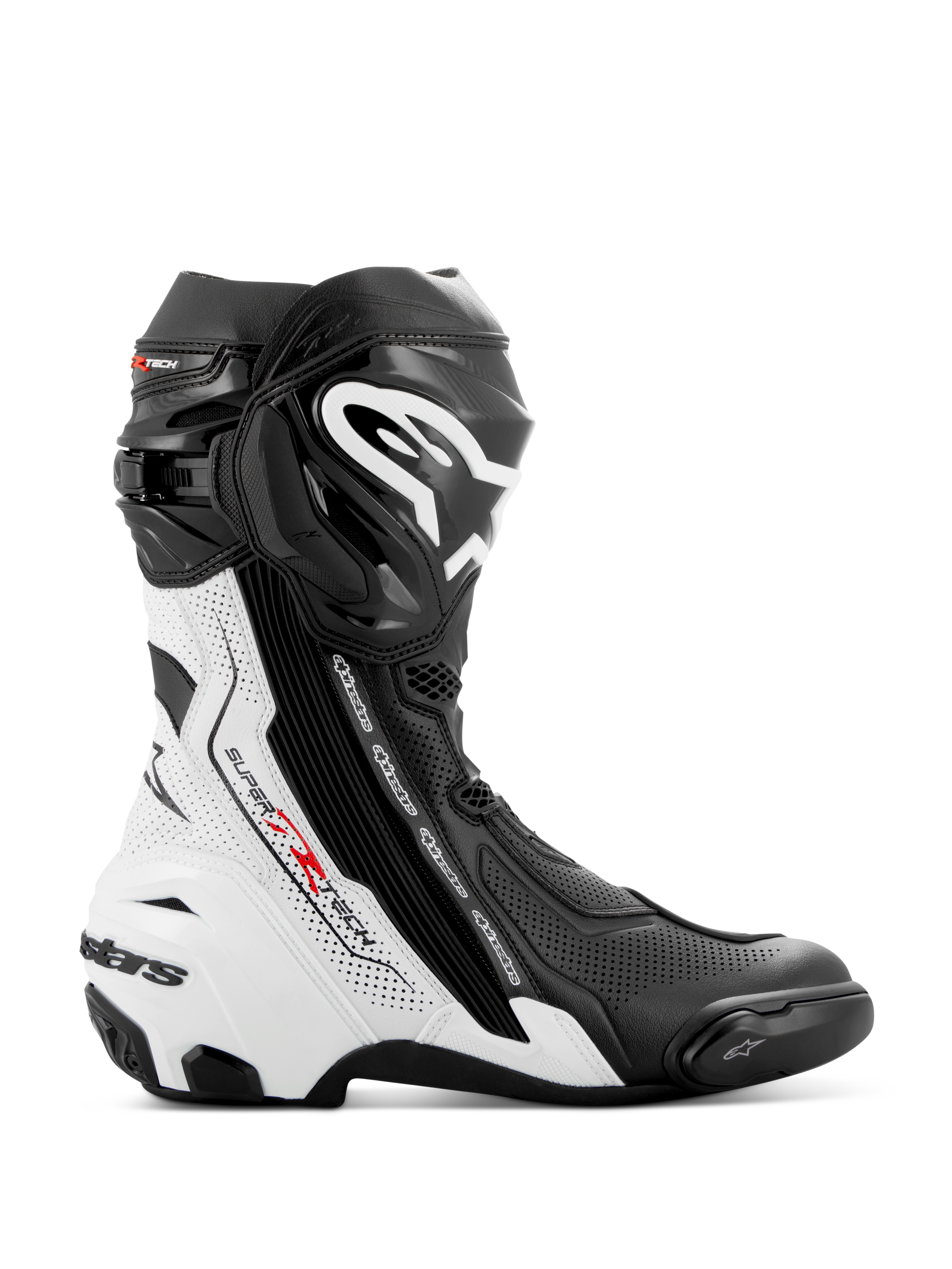 Alpinestars Supertech R Vented Stiefel, Motorradrennstiefel, Schwarz und Weiß mit roten Akzenten, Seitenprofil mit umfassenden Perforationen für Atmungsaktivität, großes weißes Logo auf dem Schienbein und schützende TPU-Slider.
