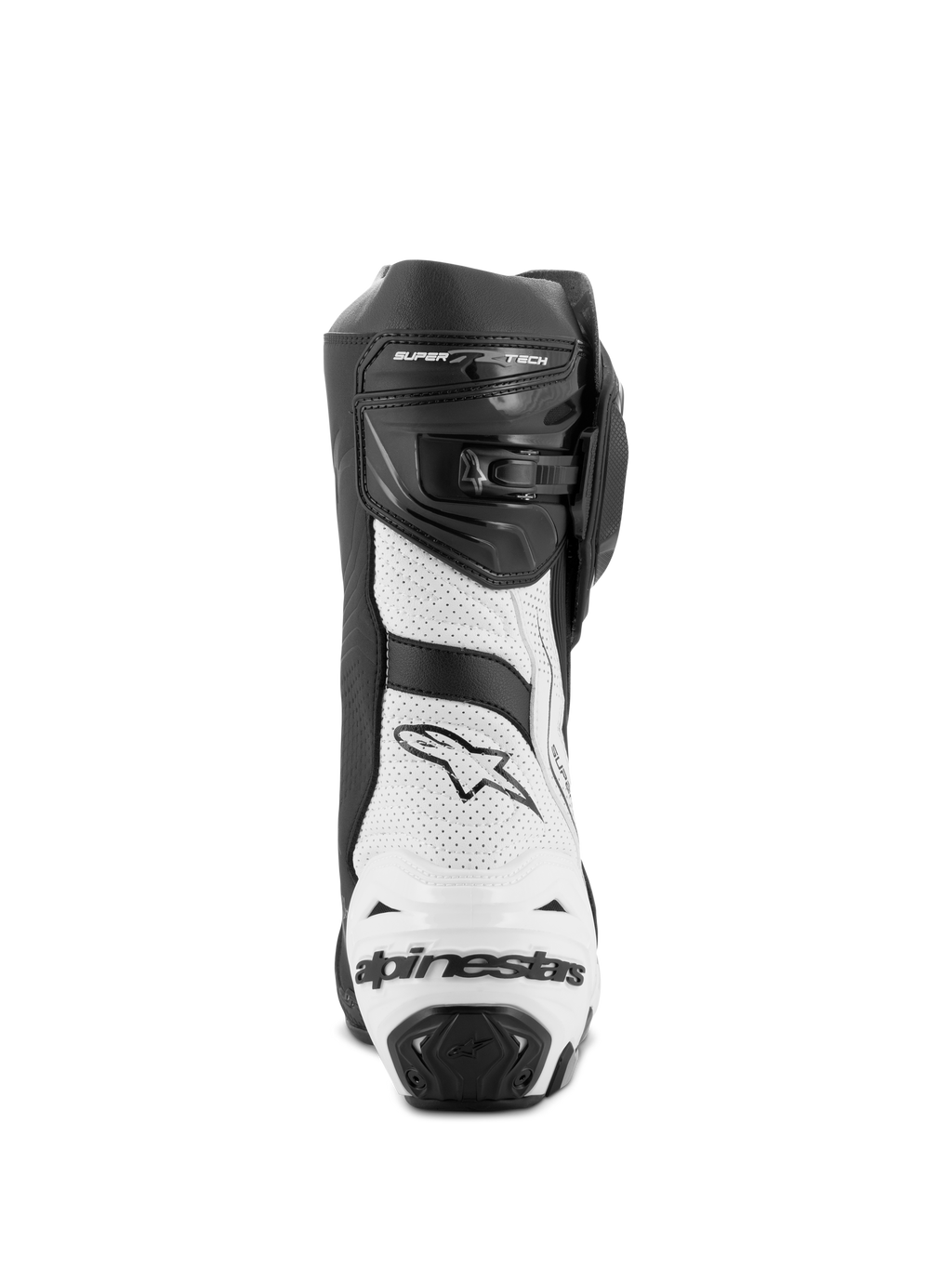 Alpinestars Supertech R Vented Stiefel, Motorrad-Rennstiefel, Schwarz und Weiß, Rückansicht mit weißen perforierten Mikrofaser-Einsätzen, schwarzem TPU-Fersenschutz mit Alpinestars-Logo und verstellbarem Verschlusssystem