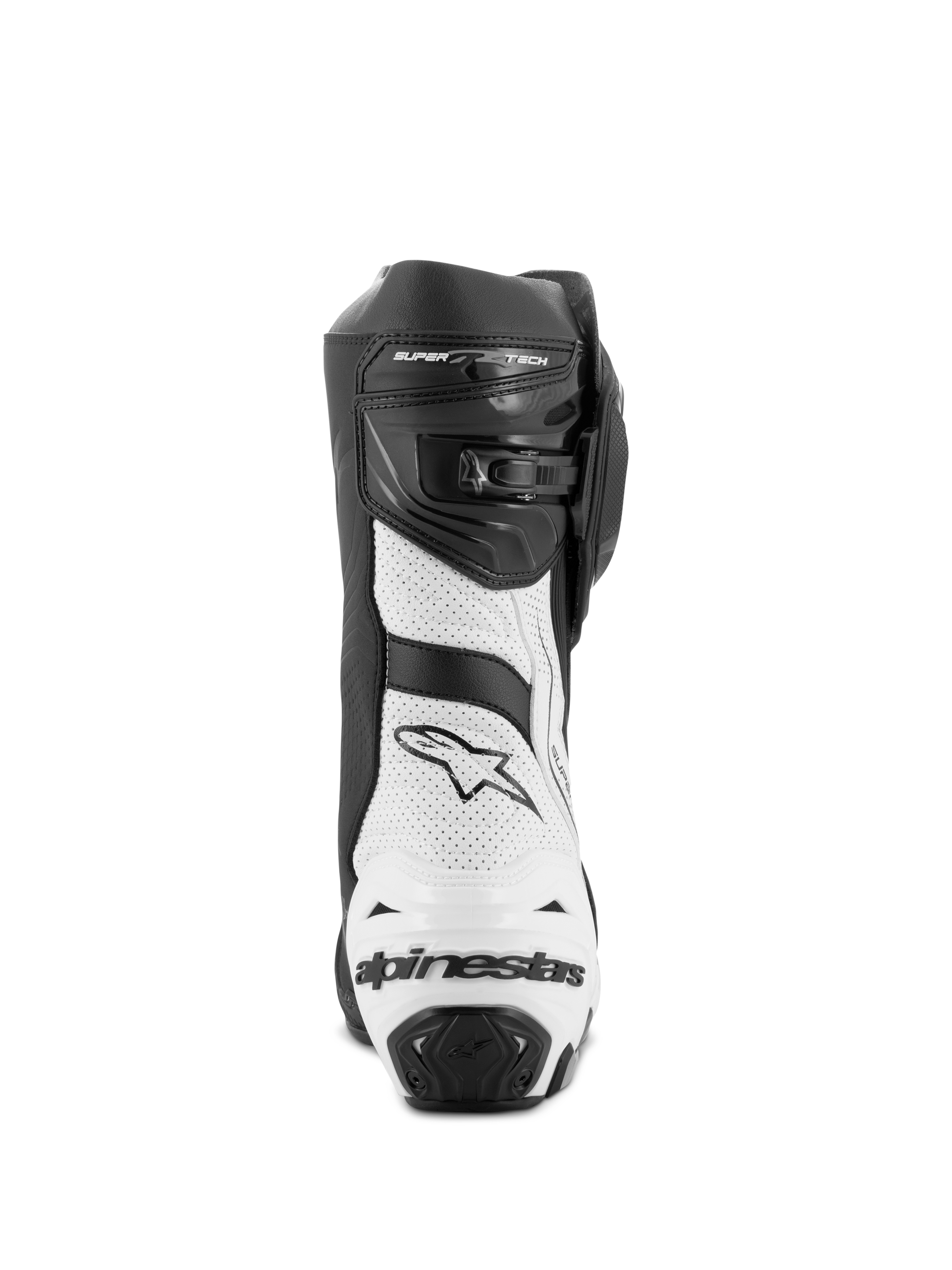 Alpinestars Supertech R Vented Stiefel, Motorrad-Rennstiefel, Schwarz und Weiß, Rückansicht mit weißen perforierten Mikrofaser-Einsätzen, schwarzem TPU-Fersenschutz mit Alpinestars-Logo und verstellbarem Verschlusssystem