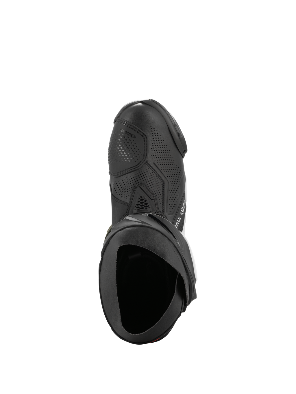 Alpinestars Supertech R Vented Stiefel, Schwarz und Weiß, Draufsicht zur Hervorhebung des perforierten Chassis für Luftzirkulation, TPU-Schaltverstärkung und ergonomische Öffnung, professioneller Rennsport-Motorradstiefel.