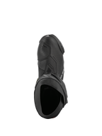 Alpinestars Supertech R Vented Stiefel, Schwarz und Weiß, Draufsicht zur Hervorhebung des perforierten Chassis für Luftzirkulation, TPU-Schaltverstärkung und ergonomische Öffnung, professioneller Rennsport-Motorradstiefel.