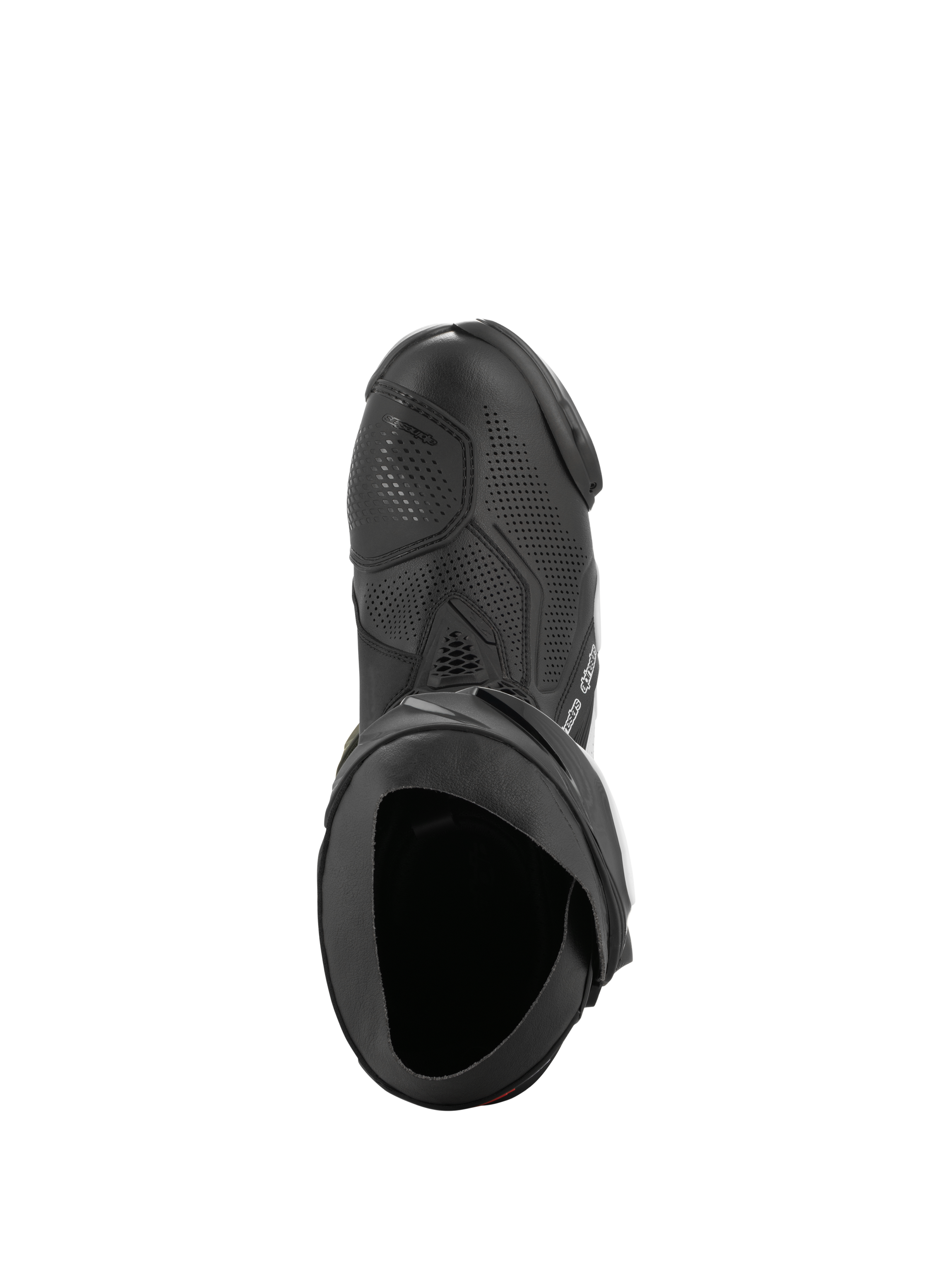Alpinestars Supertech R Vented Stiefel, Schwarz und Weiß, Draufsicht zur Hervorhebung des perforierten Chassis für Luftzirkulation, TPU-Schaltverstärkung und ergonomische Öffnung, professioneller Rennsport-Motorradstiefel.