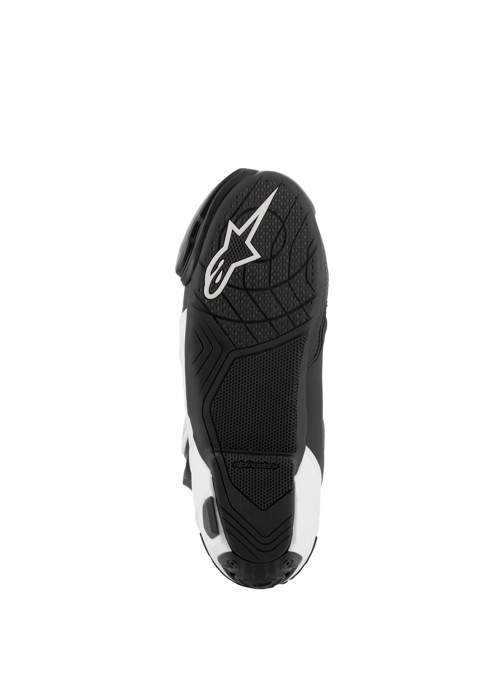 Alpinestars Supertech R Vented Stiefel, Motorrad-Rennstiefel, Schwarz und Weiß, Unteransicht der Sohle mit strukturierter Gummi-Grifffläche und weißem Alpinestars-Logo