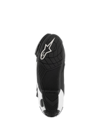 Alpinestars Supertech R Vented Stiefel, Motorrad-Rennstiefel, Schwarz und Weiß, Unteransicht der Sohle mit strukturierter Gummi-Grifffläche und weißem Alpinestars-Logo