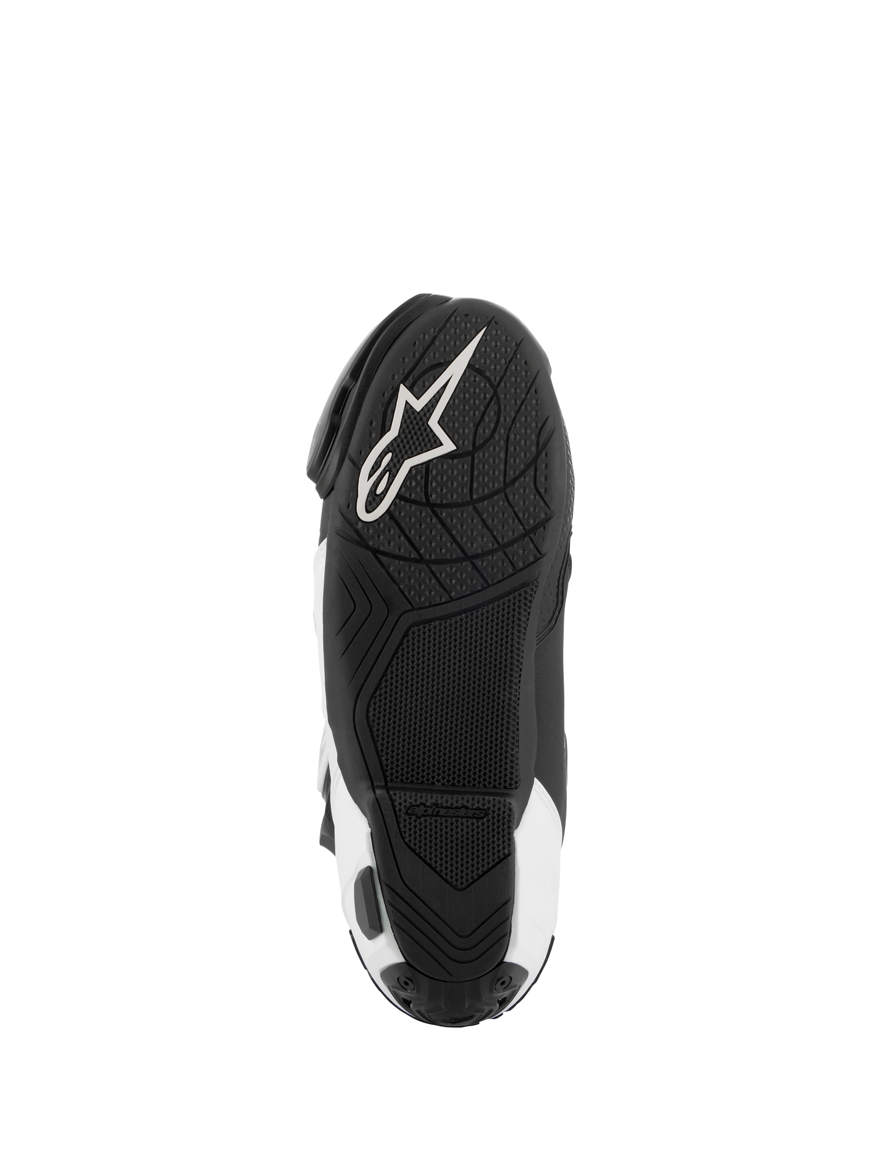 Alpinestars Supertech R Vented Stiefel, Motorrad-Rennstiefel, Schwarz und Weiß, Unteransicht der Sohle mit strukturierter Gummi-Grifffläche und weißem Alpinestars-Logo