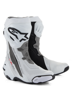 Alpinestars Supertech R Vented Stiefel, Racing-Motorradstiefel, Weiß, Mittelgrau und Schwarz, mit perforierter Mikrofaser-Konstruktion für Luftzirkulation, TPU-Schienbeinplatte mit Alpinestars-Logo und austauschbaren Schleifern, professionelles rennstreckentaugliches Design