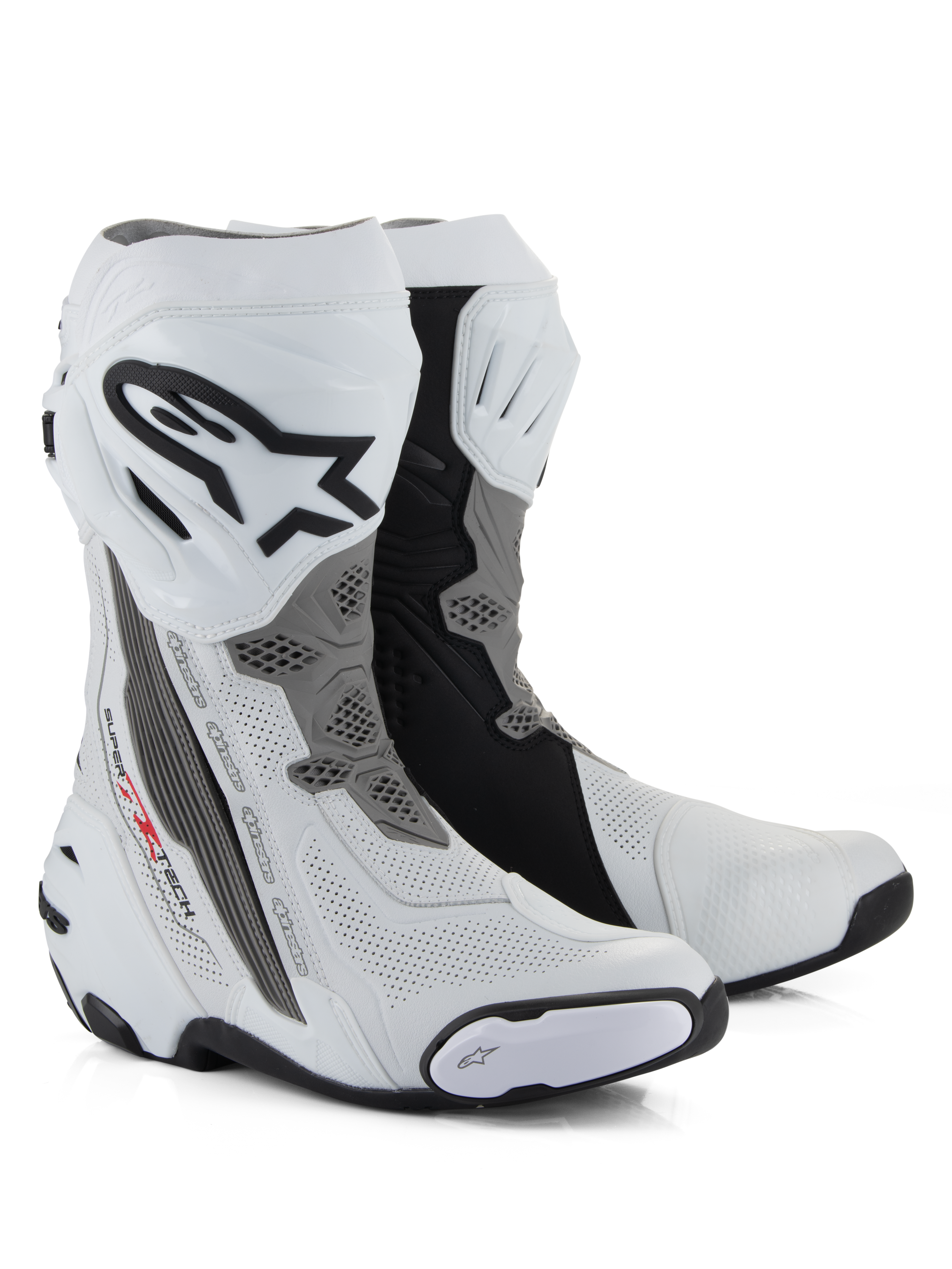 Alpinestars Supertech R Vented Stiefel, Racing-Motorradstiefel, Weiß, Mittelgrau und Schwarz, mit perforierter Mikrofaser-Konstruktion für Luftzirkulation, TPU-Schienbeinplatte mit Alpinestars-Logo und austauschbaren Schleifern, professionelles rennstreckentaugliches Design
