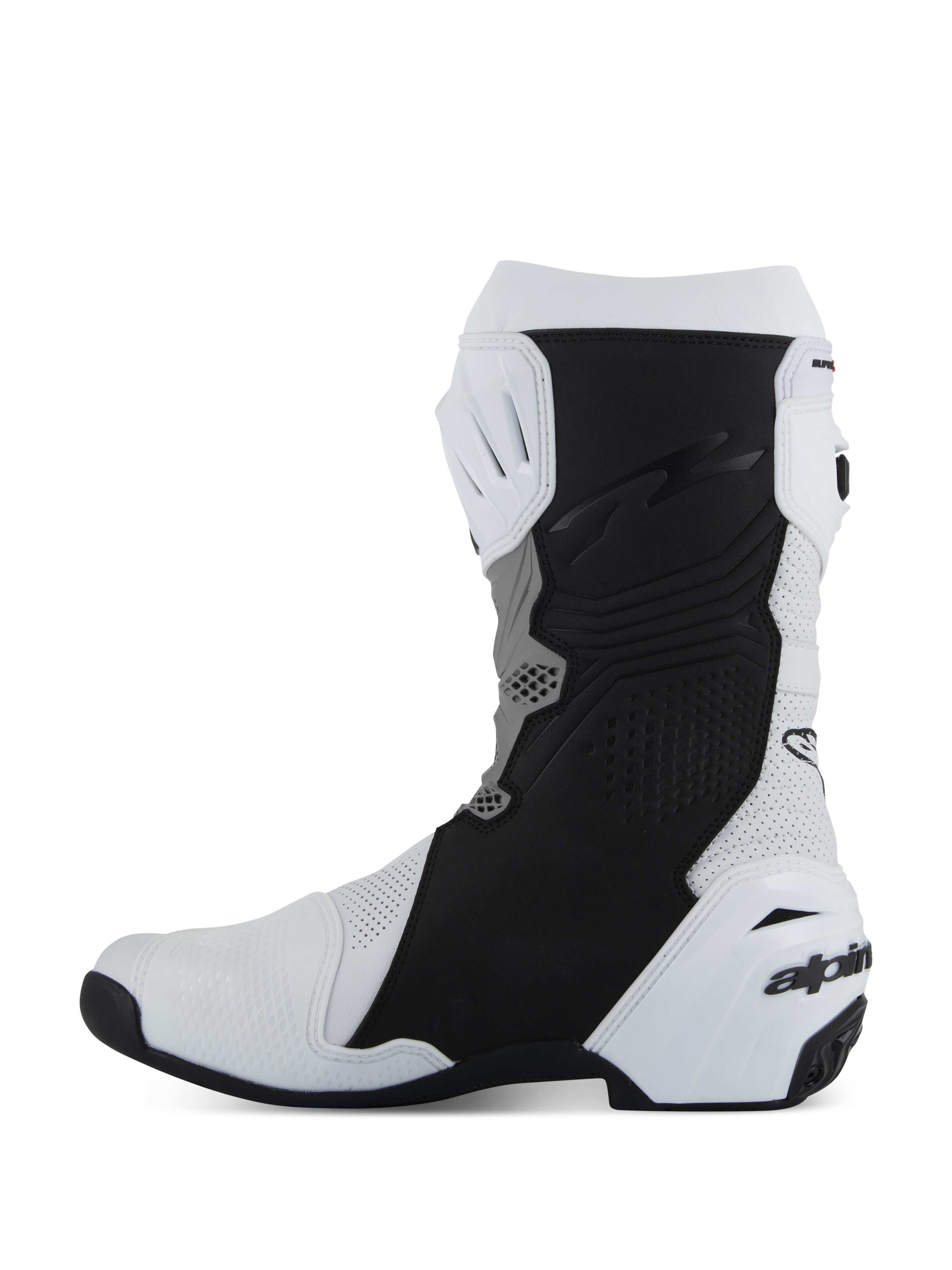 Alpinestars Supertech R Vented Stiefel, Rennsport-/Sport-Motorradstiefel, Weiß, Mittelgrau und Schwarz, Seitenansicht der medialen Seite mit perforierter Mikrofaser für Belüftung, schwarzen Grip-Schutzpaneelen und weißer TPU-Fersenschale mit Branding.