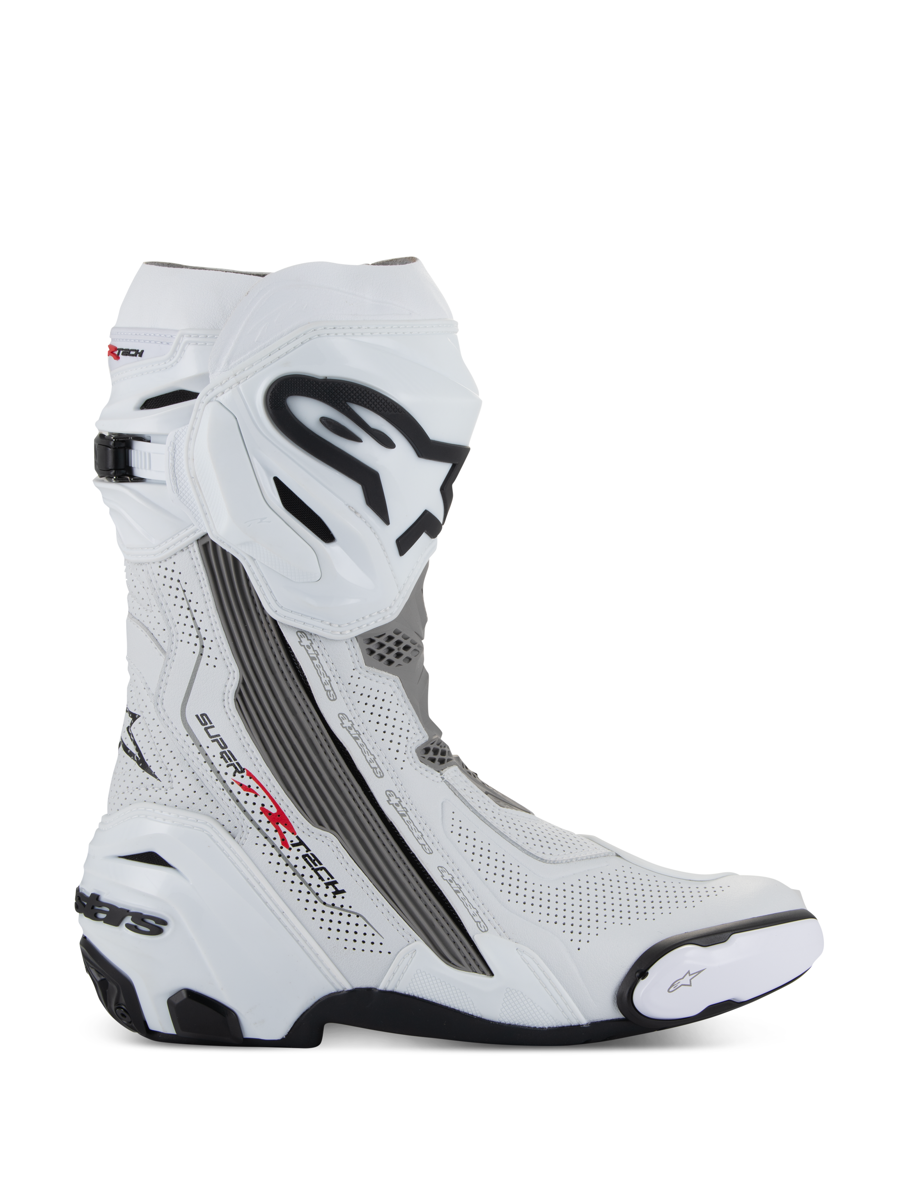 Alpinestars Supertech R Vented Stiefel, Motorradrennstiefel, Weiß mit mittelgrauen und schwarzen Akzenten, Seitenansicht mit perforierten Mikrofaser-Einsätzen für Luftzirkulation, großes schwarz-weißes Alpinestars-Logo am Schienbein, aerodynamisches Design mit austauschbaren Schleifern und schwarzer Gummisohle.