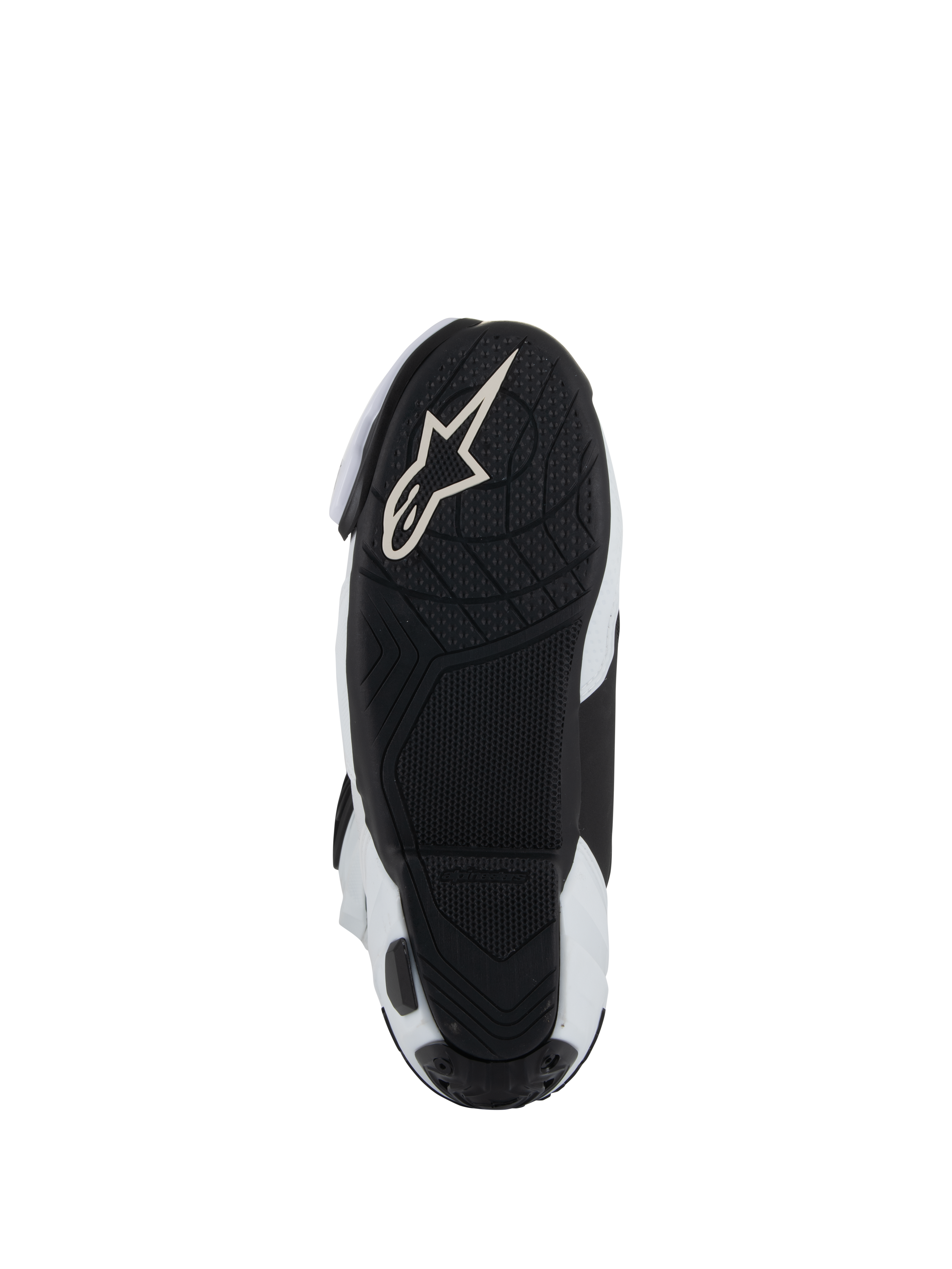 Sohle der Alpinestars Supertech R Vented Stiefel, schwarze leichte Gummiaußensohle mit profilierter Lauffläche für Grip auf den Fußrasten, mit weißem Alpinestars Astar-Logo, Farbkombination in Weiß und Schwarz
