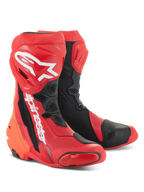 Alpinestars Supertech R Vented Stiefel, Hellrot und Schwarz, Hochleistungs-Racing-Motorradstiefel mit umfassender Perforation, weißem A-Star-Logo auf dem Schienbein und langlebigen TPU-Schutzpaneelen