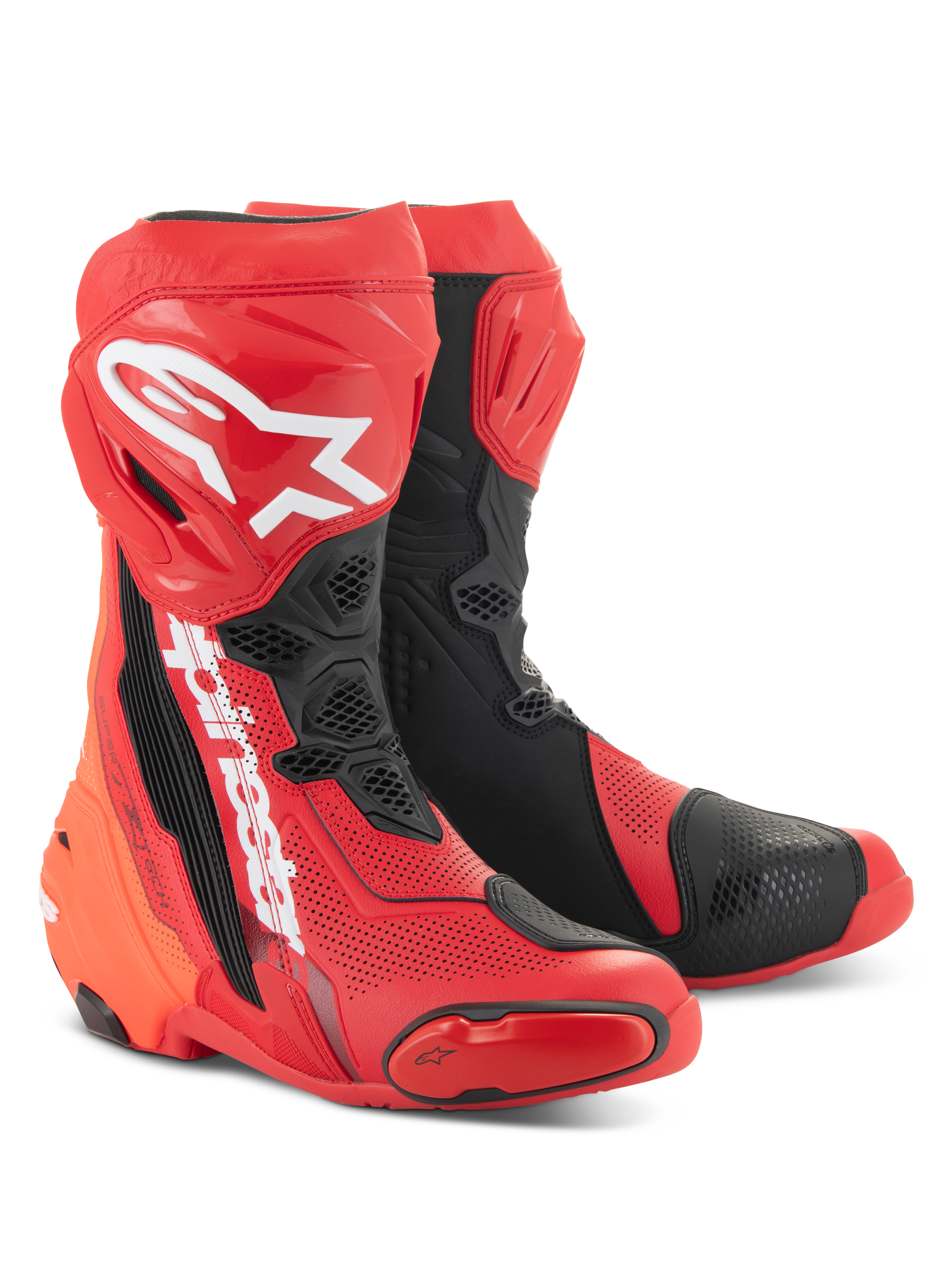 Alpinestars Supertech R Vented Stiefel, Hellrot und Schwarz, Hochleistungs-Racing-Motorradstiefel mit umfassender Perforation, weißem A-Star-Logo auf dem Schienbein und langlebigen TPU-Schutzpaneelen